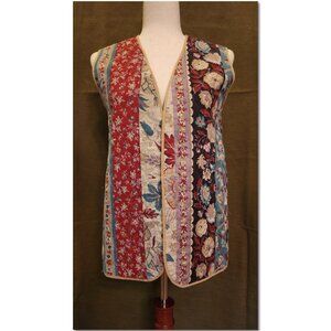 Vintage Women's Floral Patchwork Quilted Vest L Sleeveless Open Front Multicolor